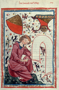 Hendrik van Veldeke, geïdealiseerd zelfportret uit de Codex Manesse, 2de helft van de 12de eeuw.