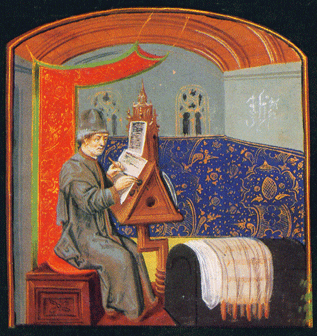 Jean Froissart, detail uit 'De schrijver aan zijn lessenaar  in een gevechtsscène', 15de eeuw