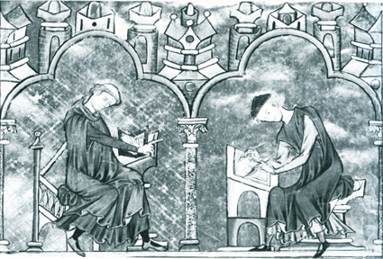 Een leerling maakt een tekening met pen en inkt, tewijl zijn leraar instructies geeft. Parijs ca. 1235.