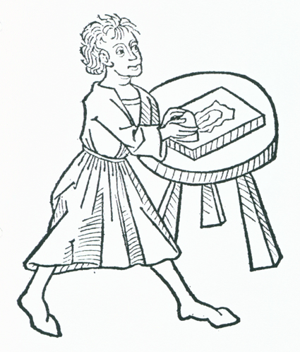 Verf maken van kleurstoffen of pigmenten. Houtsnede uit 1490.