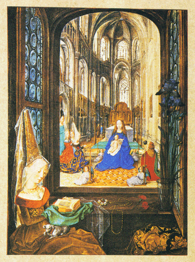 Miniatuur: Edelvrouw met kostbaar boek uit het Getijdenboek van Maria van Bourgondië, Gent, 1475 - 1480 